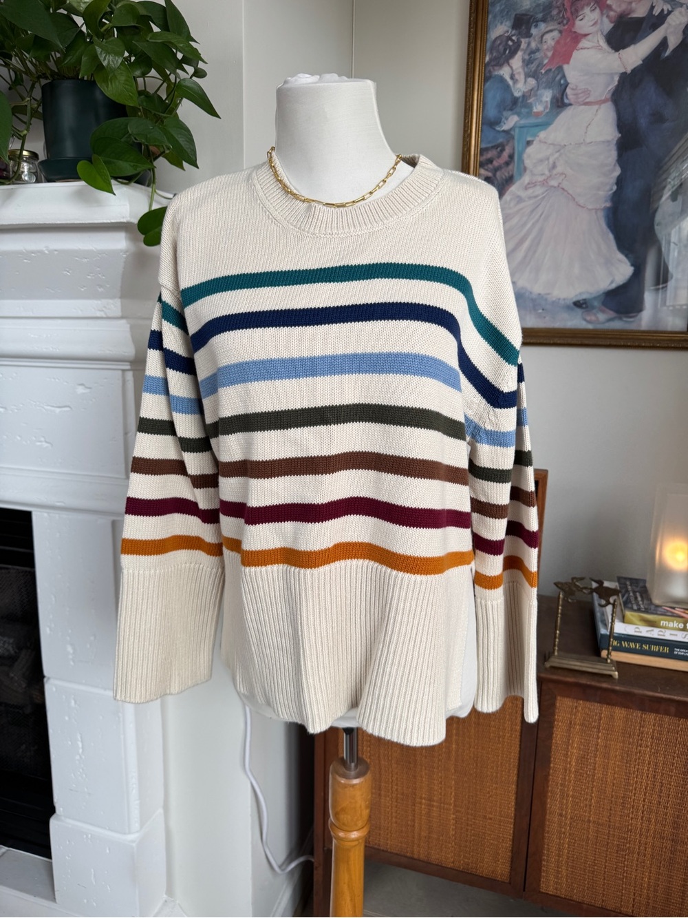 GAP Split Hem Crewneck Cream Sweater with Multicolor Stripes